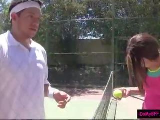 Two enchanting BFFs pounding with tennis coach